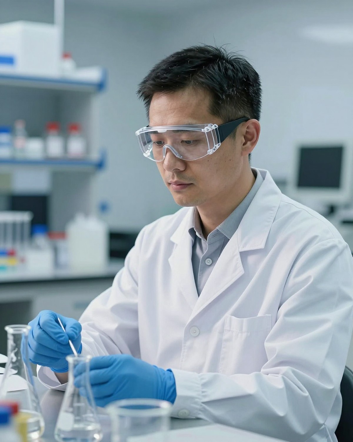 A researcher in a lab coat, safety goggles and gloves working at a laboratory bench